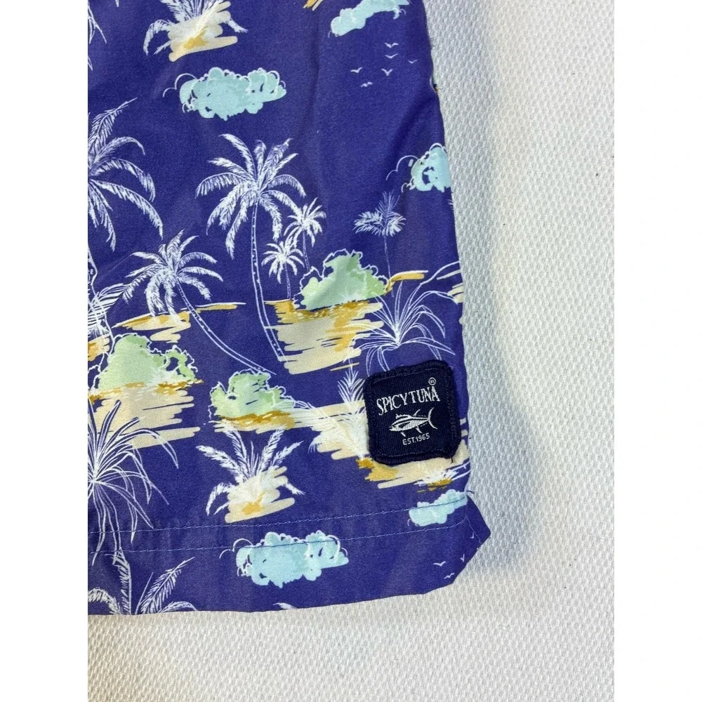Spicy Tuna Men's Swim Trunks Size Medium‎ Blue Tropical Palm Tree Board Shorts